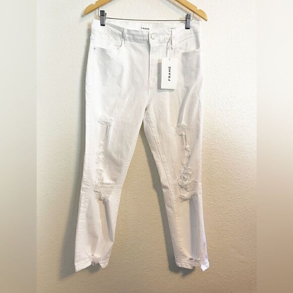 Frame Le High Straight Leg Distressed White Jeans chewed hem NWT 31 - Picture 2 of 8